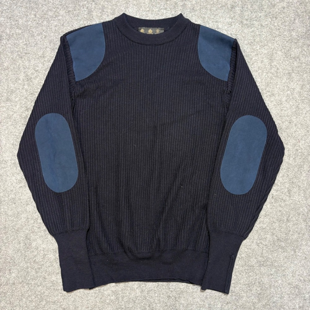 Barbour Mens Navy Blue Ribbed Wool Commando Sweater Shoulder Elbow Patches S